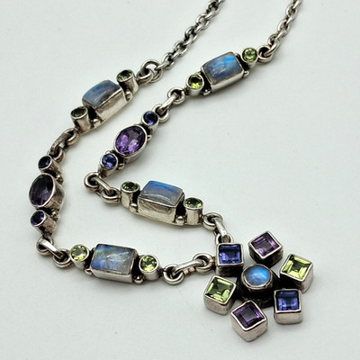 Nicky Butler Indien Sterlingsilber 925 mehrere Edelsteine Halskette 17 Zoll