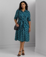 Lauren Ralph Lauren Plus Size Tie-Front Floral Linen Shirtdress 22W Indigo Blue