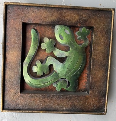 Vintage Andres Martin Del Campo 3D Metall Gecko Eidechse Wandbild Skulptur, signiert