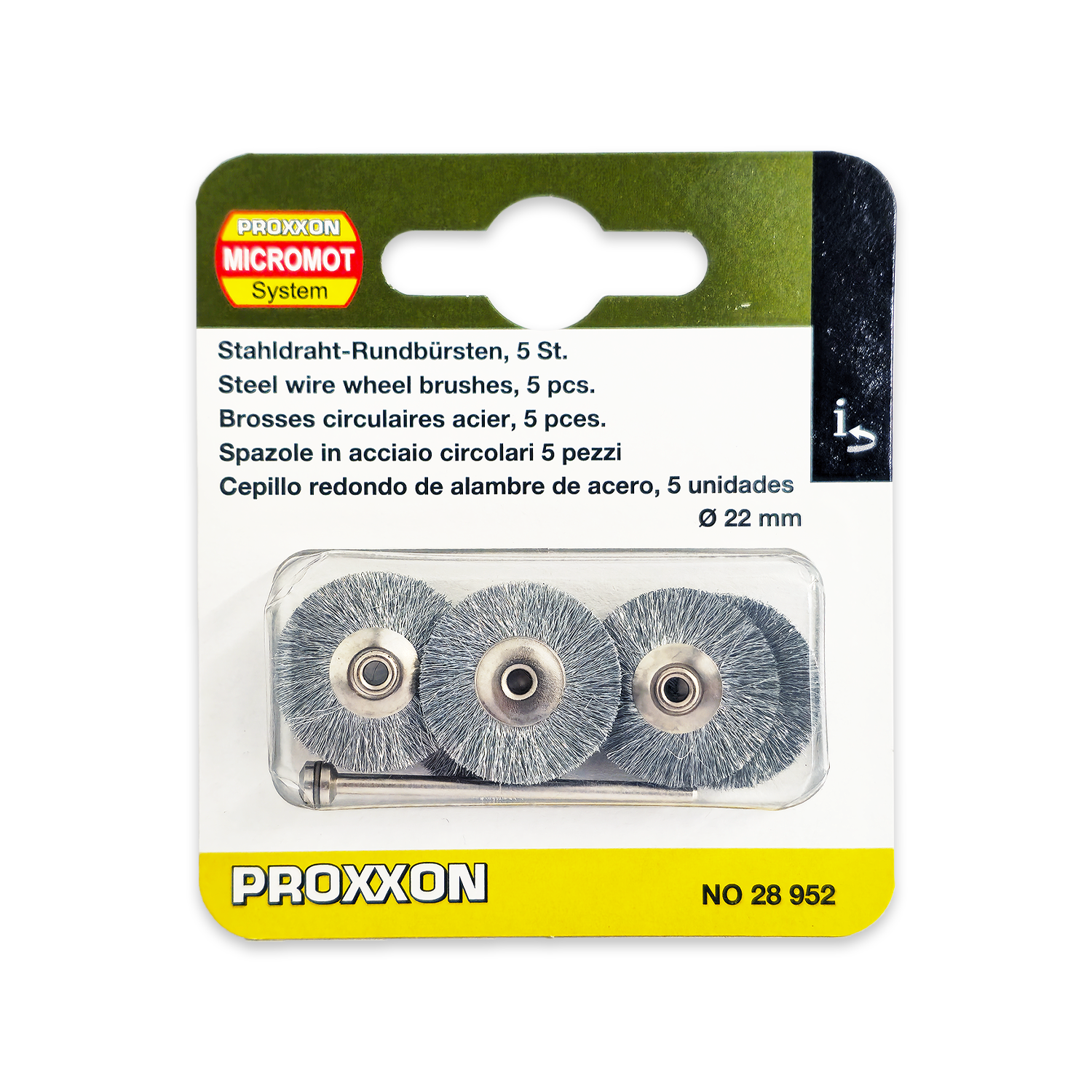 PROXXON Steel Wire Wheel Brush 22mm 5 Piece Set With Arbor 28952 From RDGTools