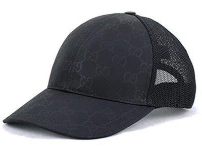 NEW GUCCI BLACK GG PRINT NYLON MESH BASEBALL LOGO CAP HAT 58/MEDIUM UNISEX