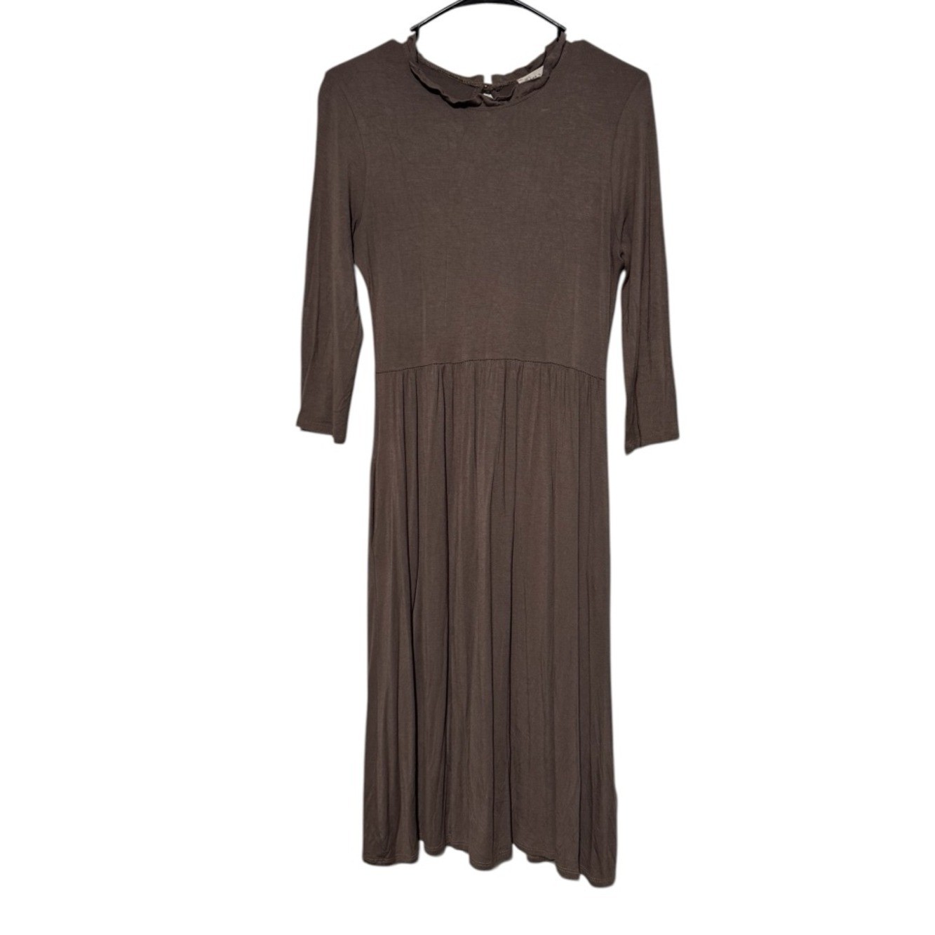 Tea N Rose Brown Modest Midi Dress Size M Ruffle Neck Jersey Knit 3/4 Sleeve