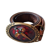 Heritage Buckles Solid Brass Vintage Tooled Leather Belt Pheasant Game Bird