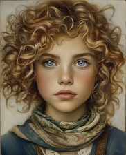 8x10 Cozy Storybook Girl with Curly Hair Art Print Cottagecore - 564538251