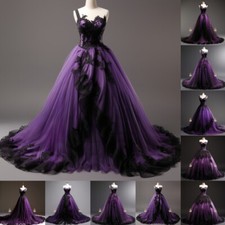 Purple and Black Lace Applique Strapless Ball Gown Full Length Evening Dress - 