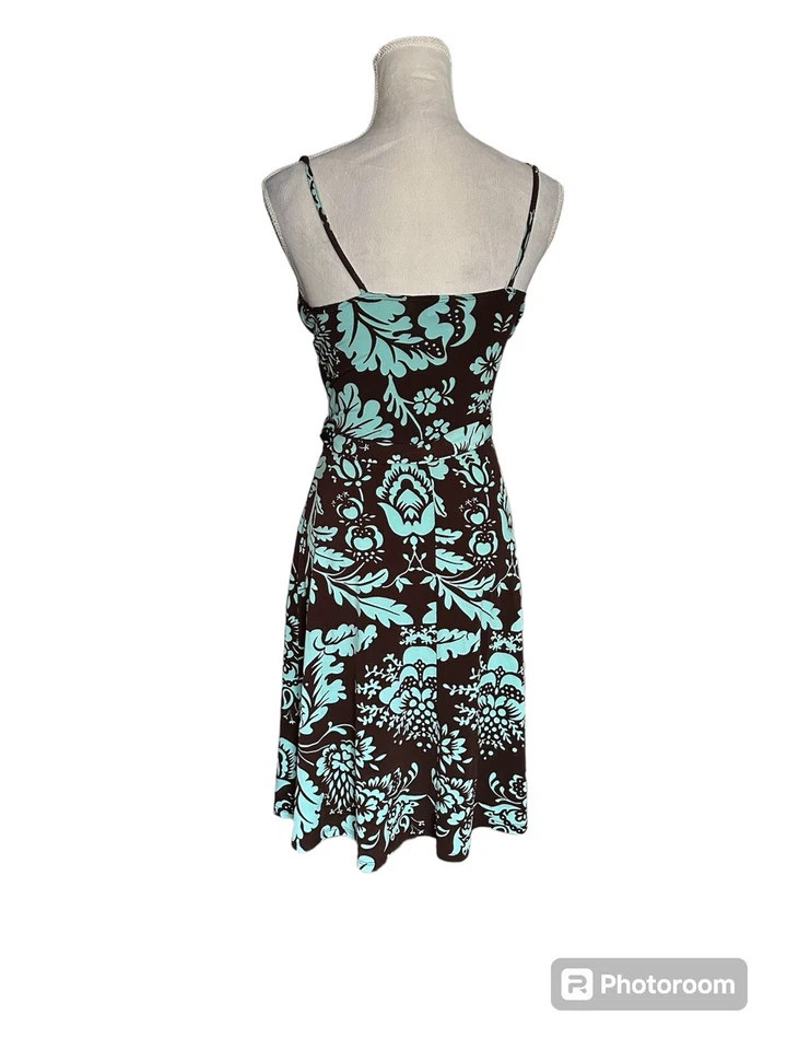 B Smart Colorful Floral Brown Green Belted Dress Deep V Neck Size 4 Stretchy - Image 2 of 4