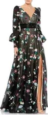 Mac Duggal Black Floral Embroidered Beaded Waist Long Sleeve Gown  Size 16 $798