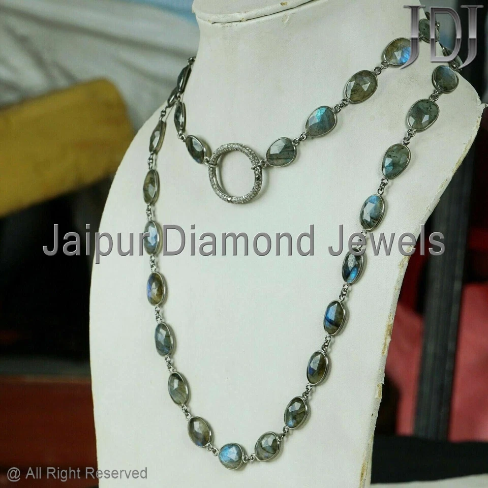 Labradorite Necklace Jewelry 925 Sterling Silver Gemstone Diamond Clasp 36 Inch - Image 2 of 4