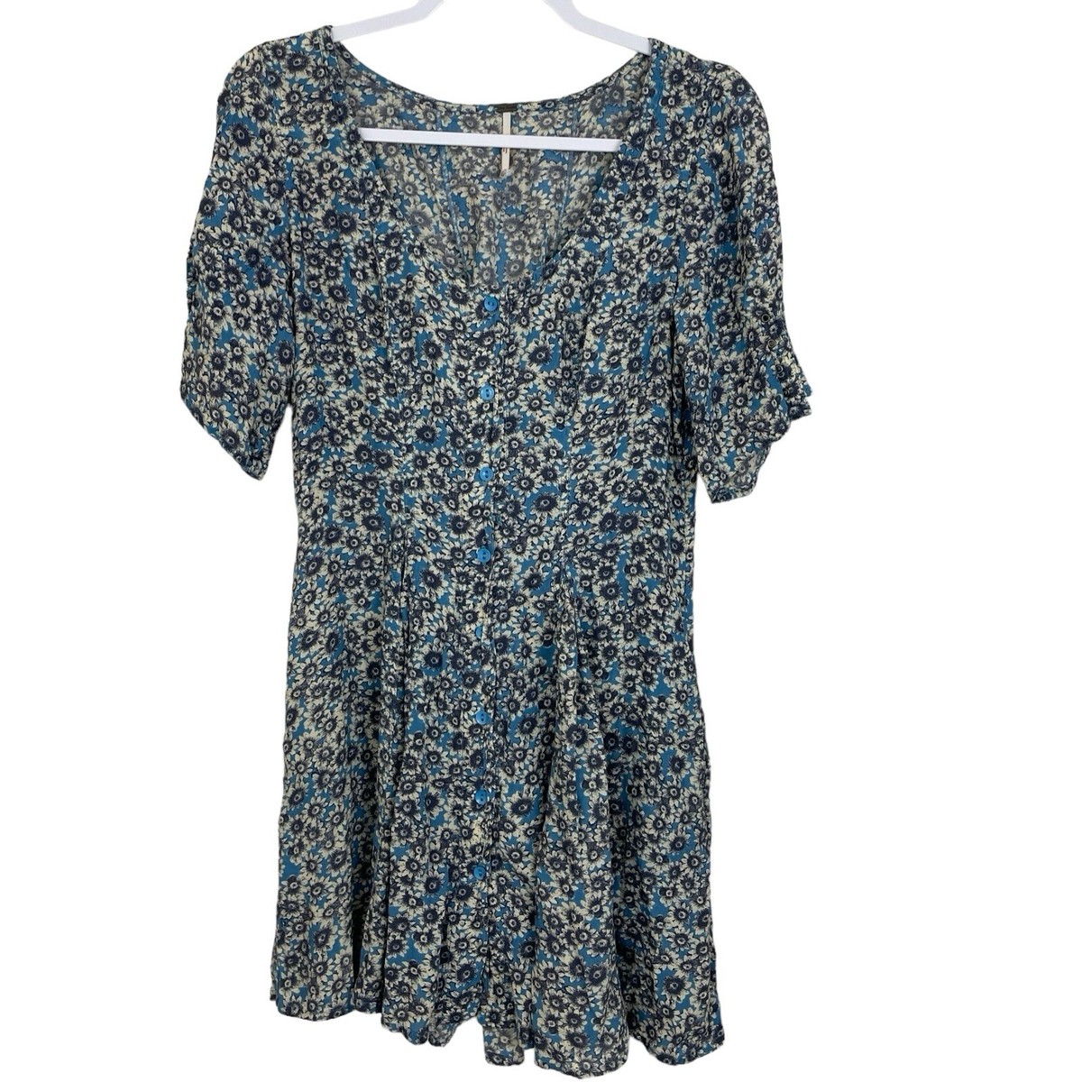 Free People Mini Dress Sz Medium Corset Waist Lace Up Short Sleeves Blue  Floral