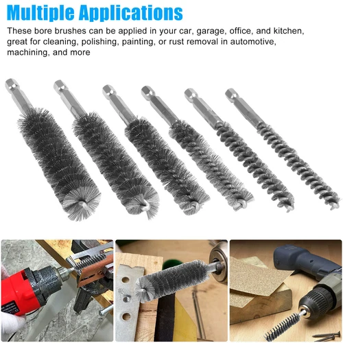 6 X Stainless Steel Wire Brush Drill Attachment Bore Rust Pipe Cleaner Set UK - Picture 3 of 11