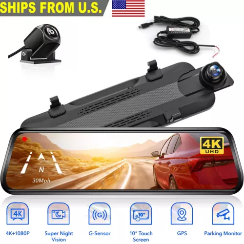 4K 10" Dual Dash Cam Auto Rückspiegel Ansicht Backup Dual Kamera Nachtsicht IPS USA - Bild 1 von 9