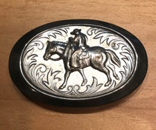 VINTAGE 70s SILVER TONE WESTERN COWBOY HORSE BELT BUCKLE
