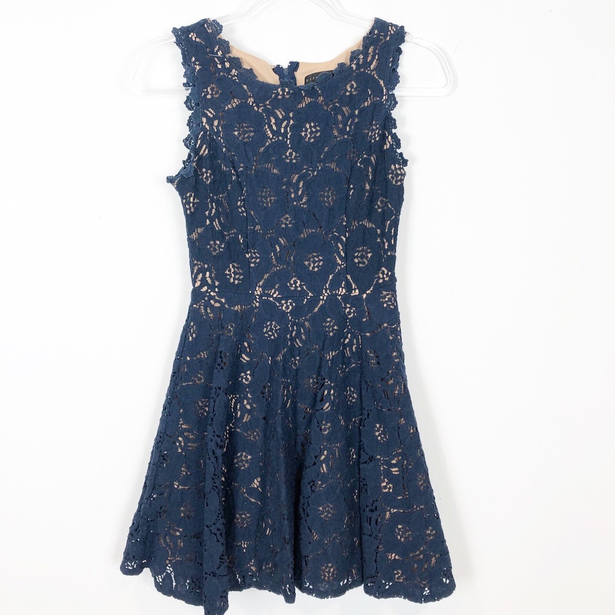 CITY STUDIO BLUE CROCHET LACE NUDE LINING SLEEVELESS PARTY DRESS JUNIOR'S SZ 1