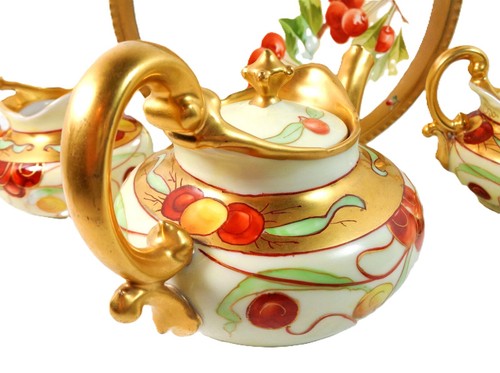 Antique Limoges Pickard Teapot Sugar Creamer Set and Plate Hand Painted Cherries - Picture 7 of 15