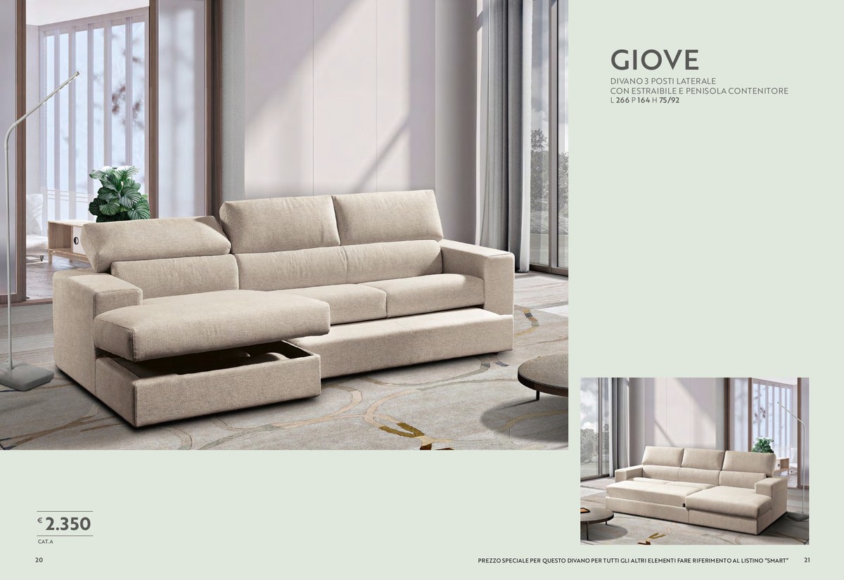 Divano posti laterale con estraibile e penisola contenit cm