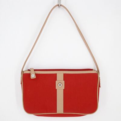 Ecco Handbag Women Small Red Canvas Tan Leather Lined Flat Purse Shoulder Bag
