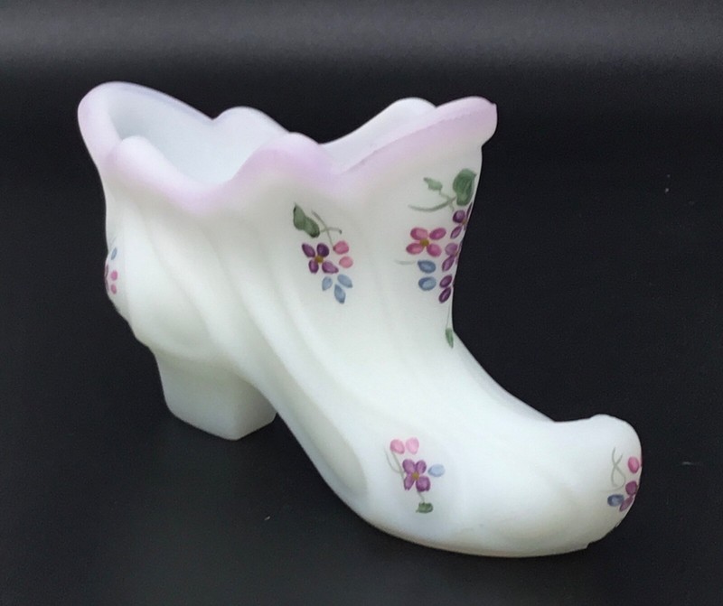 Fenton Art Glass Milk Glass Victorian Slipper Shoe Hand Painted Artist Signed 3"