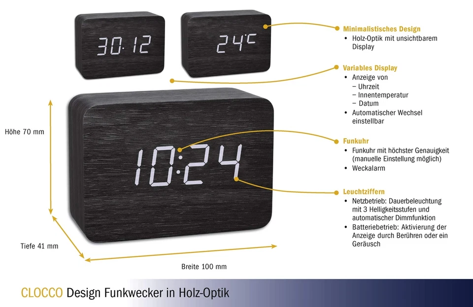 Design Funk-Wecker in Holz-Optik Clocco 60.2549.01 Kunststoff weiß/schwarz L ... - Bild 4 von 4