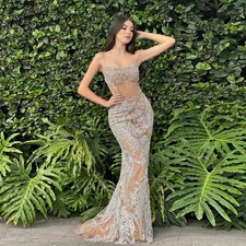 Spaghetti Strap Bling Mermaid Evening Dress Crystals Sleeveless Tulle Prom Gowns
