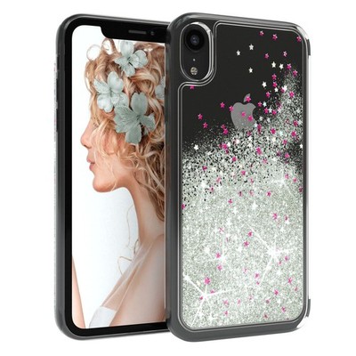 Für Apple iPhone XR Glitzer Hülle Flüssig Silikon Case Handy Cover Tasche Silber