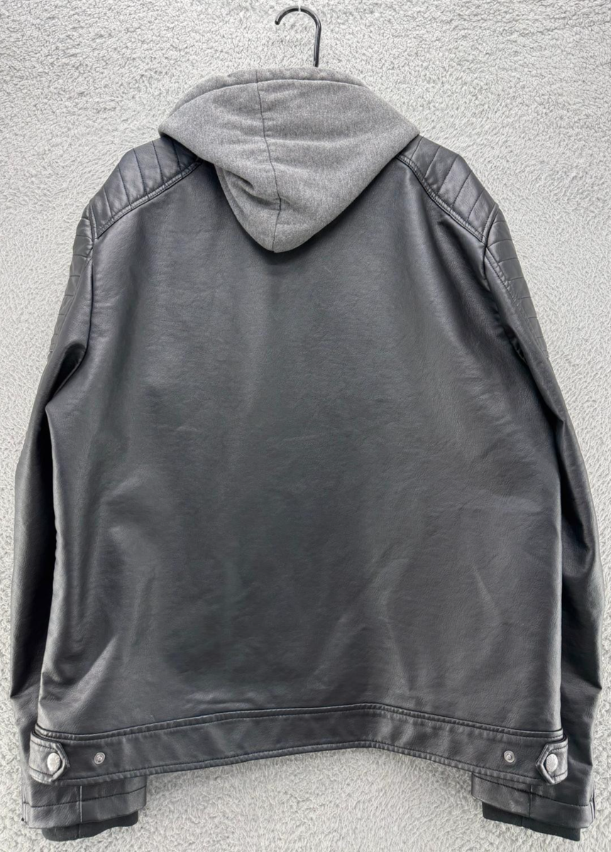 ⭐︎⭐︎⭐︎ GUESS Los Angeles Faux Leather Moto Jacket XXL Black Hooded Zip Up
