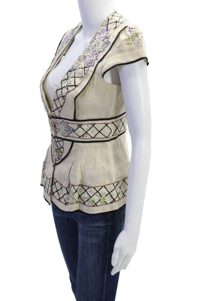 Top Nanette Lepore Mujer Manga Corta Cinco Botones Bordado Beige Talla 2 Foto 2 de 4