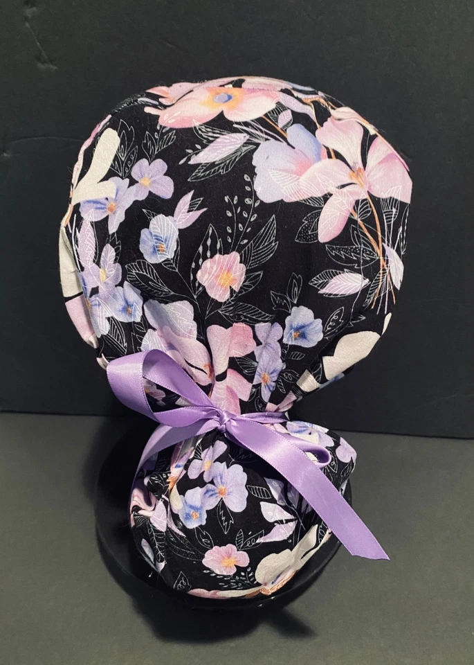 Purple/Pink Flowers Euro Scrub Cap, Satin Tie, Medical, Food Service, Head Cover - Image 3 of 4