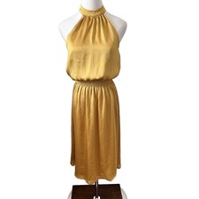 Trina Turk Moonlit Dress Gold Halter Midi Pleated Sleeveless S Evening Cocktail