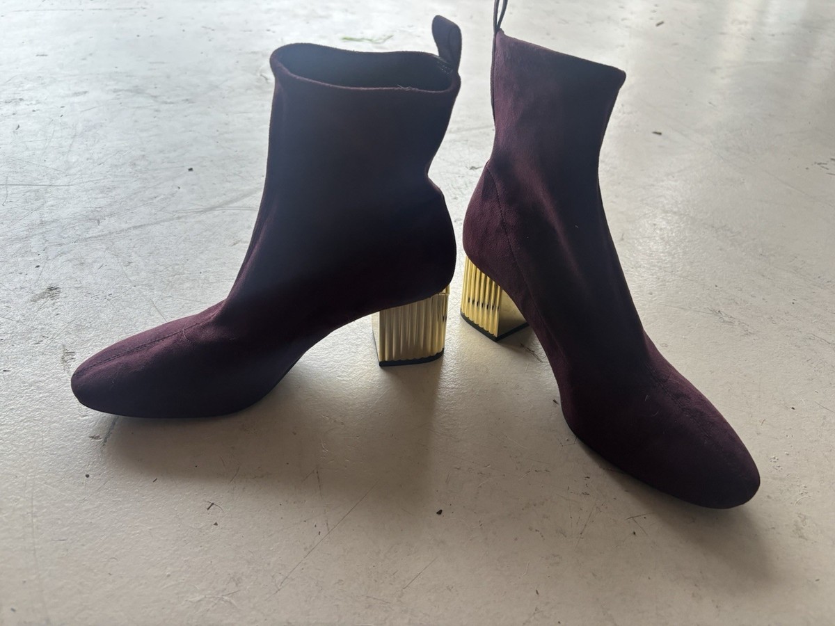 Michael Michael Kors Porter Merlot Faux Suede Sock Ankle Boots Gold Heel 8.5 View 4