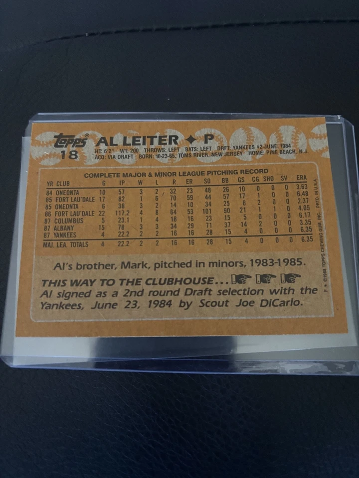 1988 Topps Al Leiter #18 cartão de erro faltando NY no peito - Imagem 2 de 2