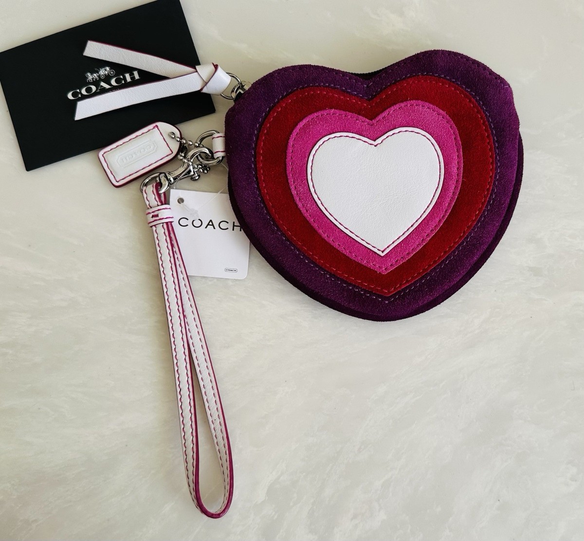 NWT COACH VALENTINE SUEDE & LEATHER PURPLE/PINK HEART WRISTLET