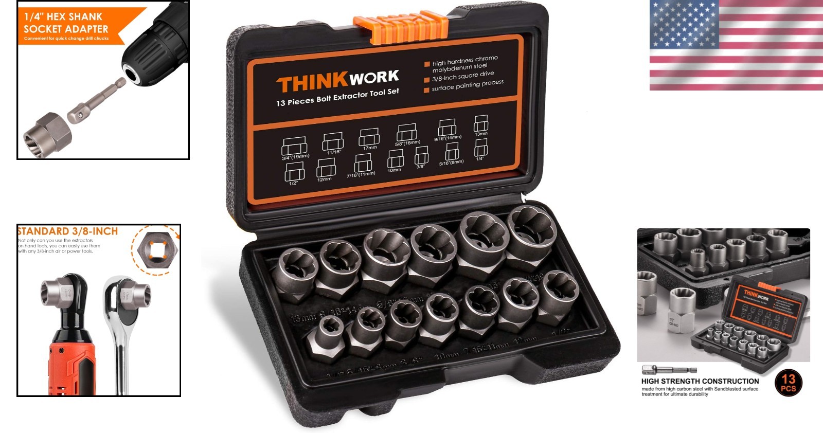 14-Piece Chrome Molybdenum Bolt Extractor Kit for Stubborn Fasteners, 3 ...