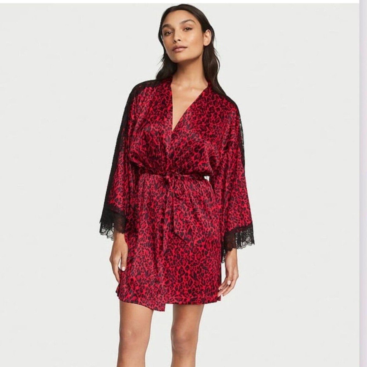 Victoria's Secret Satin Black Red Leopard Print Lace Inset Robe