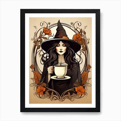 Hexe mit einer Tasse Kaffee 1 Kunst Pr gerahmtes Wandbild Poster Leinwanddruck Bild