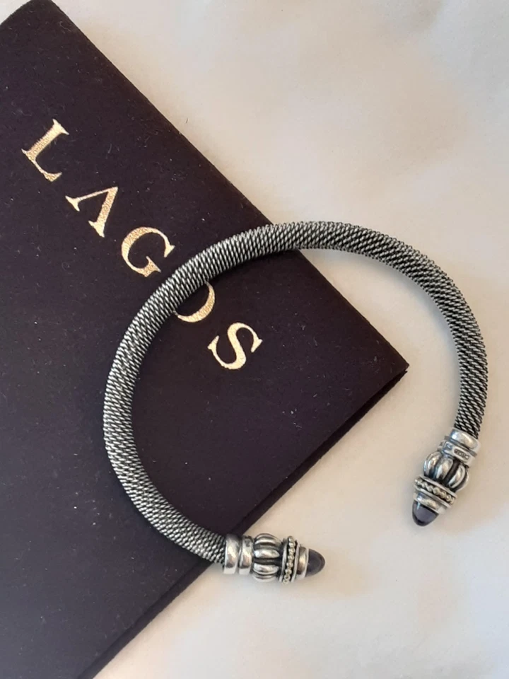 Lagos Amethyst Fluted Mesh Sterling Silver Cuff Bracelet with 18k Gold Beading - Image 3 of 4