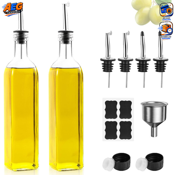 ÖLflasche 500Ml 2Er Set Essig ÖLspender Glas Mit Trichter Und Anlaufdeckel-image