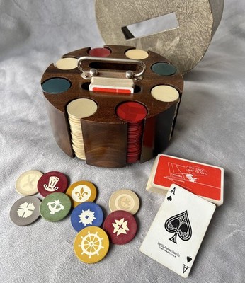 Early 1900s Antique Poker Chip Set, in Wood Carousel & Extra Inlaid Clay Chips