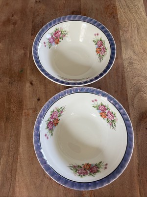 3 YAMATSU Japan Serving Bowls Lustre Scalloped Rim 7'' Floral Blue