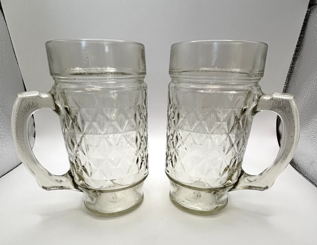 Anchor Hocking Clear Glass Quilted Diamond Point Mugs Vintage Set of 2