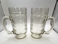 Anchor Hocking Clear Glass Quilted Diamond Point Mugs Vintage Set of 2