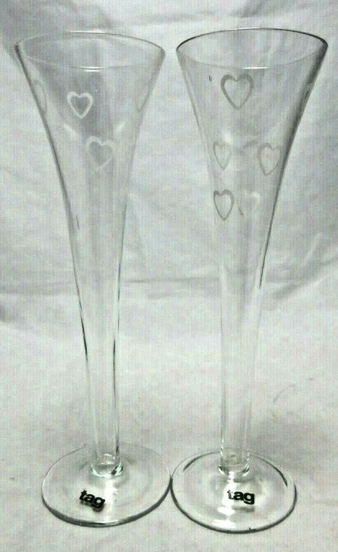Champagne V Shape Glasses Etched Heart Wedding Anniversary Tall Clear Set of 2