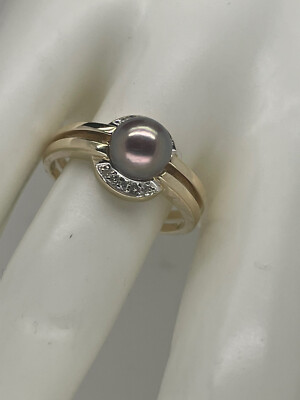 14k Yellow Gold 7mm Grey Pearl Ring w/ .05 Ct Diamond Accent, Size 7 1/2, 4.6Gr 