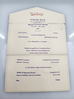 Antique Raritan Inn Special Christmas Dinner 1927 Food Menu