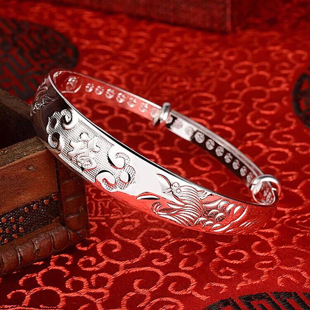 925 Sterling Silver Carved Happiness Chinese Retro Plated Bangle Bracelet-image
