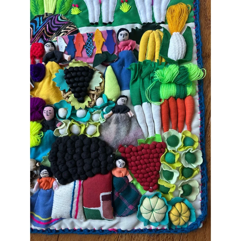 Vintage Peruvian Arpilleras Folk Art Handmade Mercado Wall Hanging Tapestry 18” - Image 4 of 4