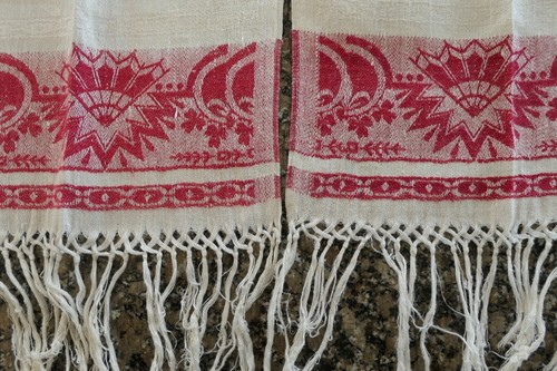 PAIR~Antique Turkey Red/Cream Linen Damask TOWEL w Fringe!~NOS/UNused! 23x36"+ - Picture 11 of 13