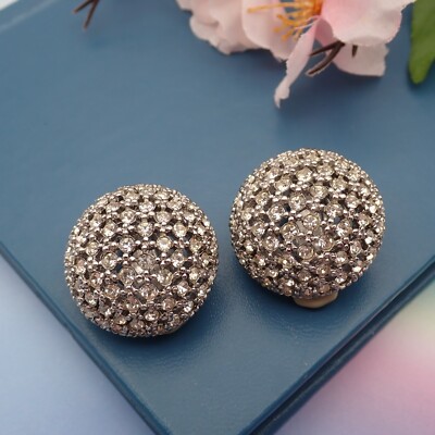 Vintage Ciner Clear Rhinestone Dome Silver Tone Clip Earrings