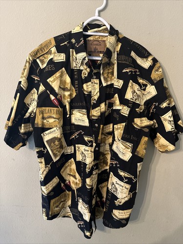 Outdoor Life Mens Large L Button Up Short Sleeve Cotton Fishing Print All over