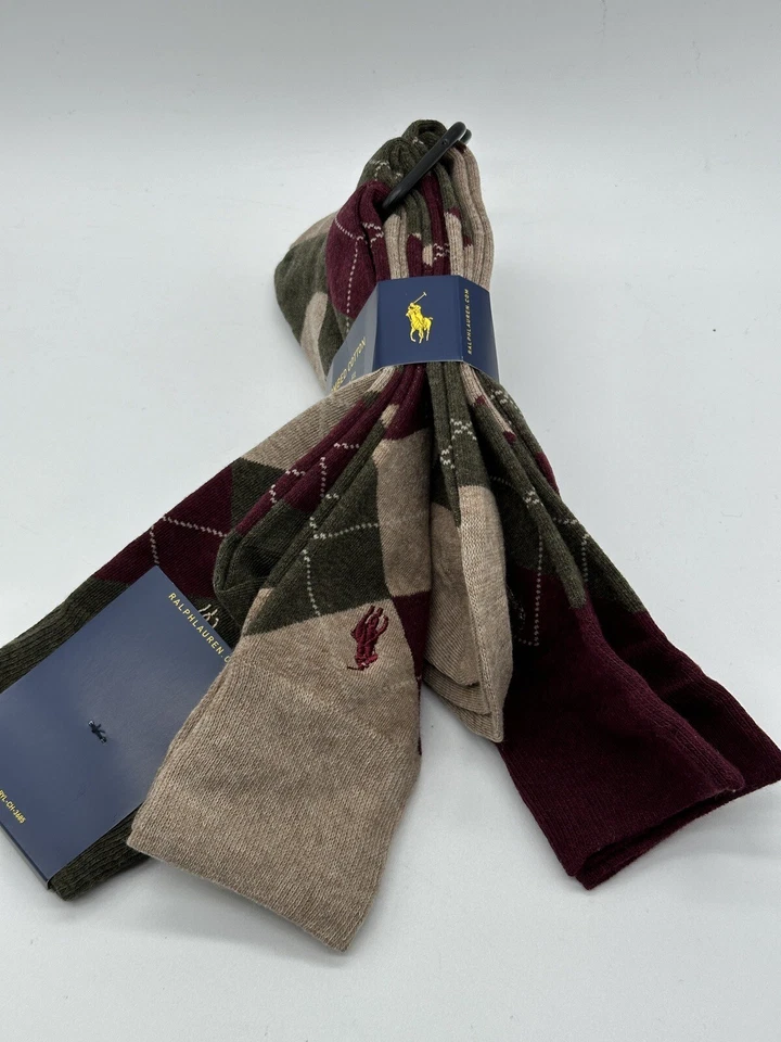 NUEVO 3 PARES POLO RALPH LAUREN PARA HOMBRE ALGODÓN VESTIDO CALCETINES PATRÓN ARGYLE Foto 2 de 4