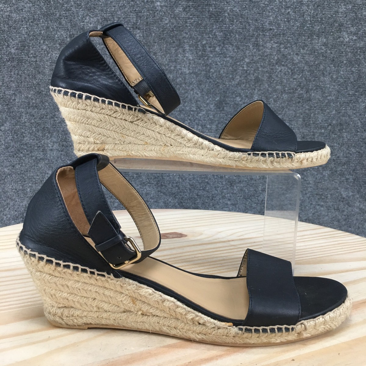 Talbots Sandals Womens M Ankle Strap Wedge Espadrilles Blue Leather  Open Toe